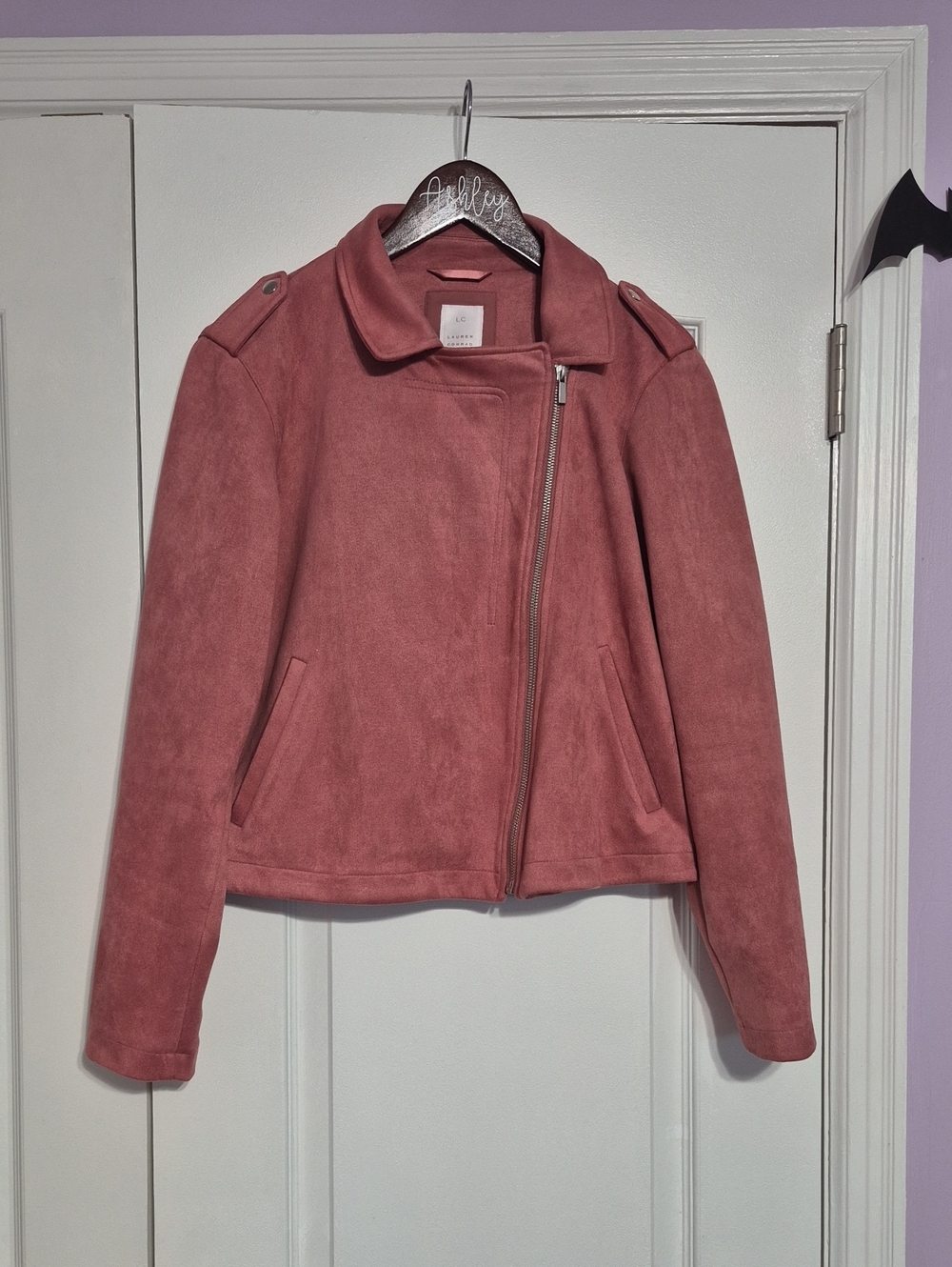 LC LAUREN CONRAD Women's Dusty Rose Suede Moto Jacket